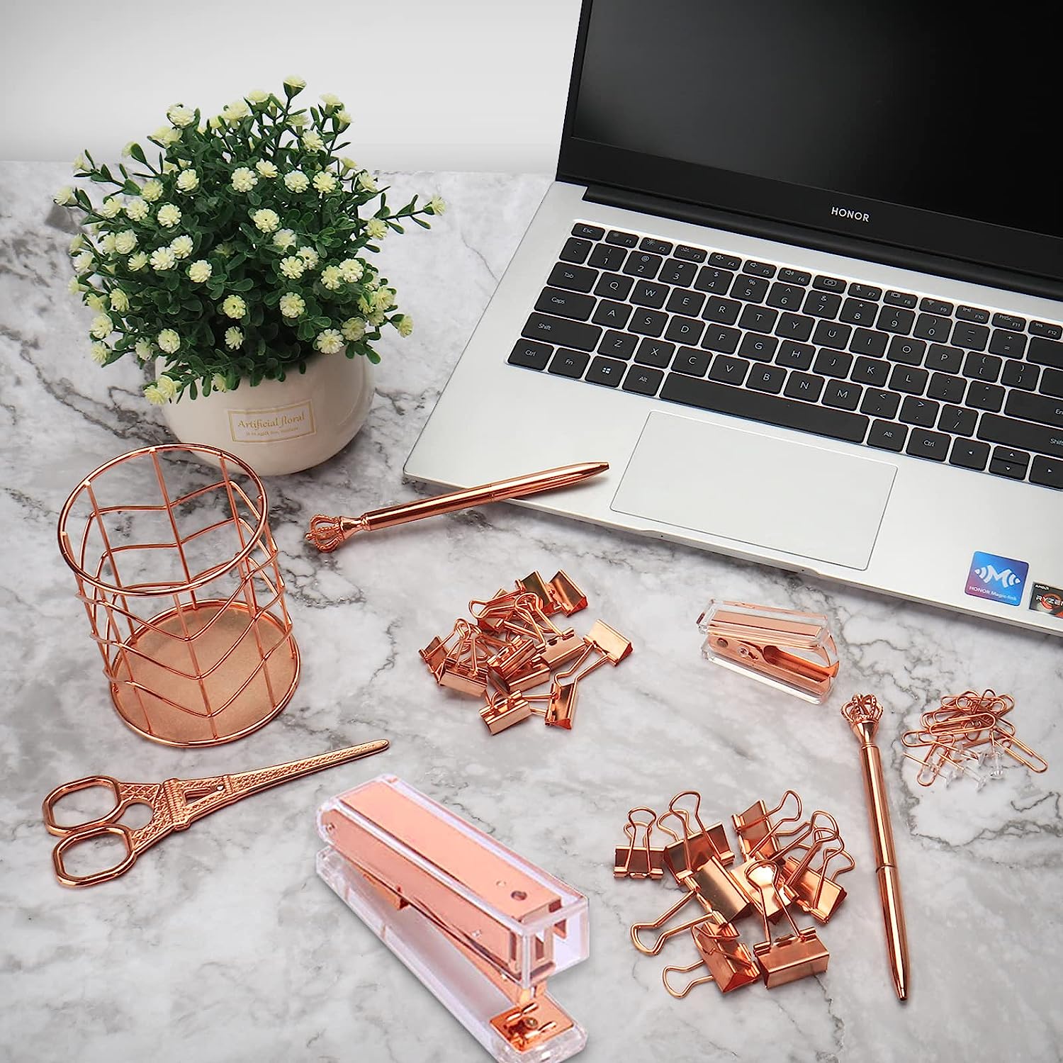 Rose Gold Office Supplies and Accessories, Acrylic Stapler, Staple Remover, Tape Dispenser, Pen Holder, Phone Holder, Scissors, Paper Clips, Binder Clips, 2 Pen and 1000 pcs Staples - Image 6